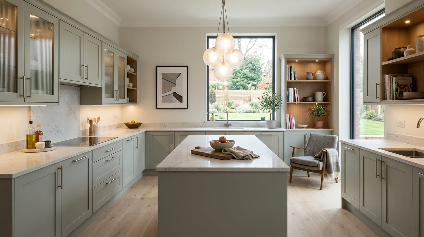 hero_1200x675-4 Wide view of a newly completed bespoke Mastercraft kitchen, matt painted handleless slab cabinetry in cardamom tones