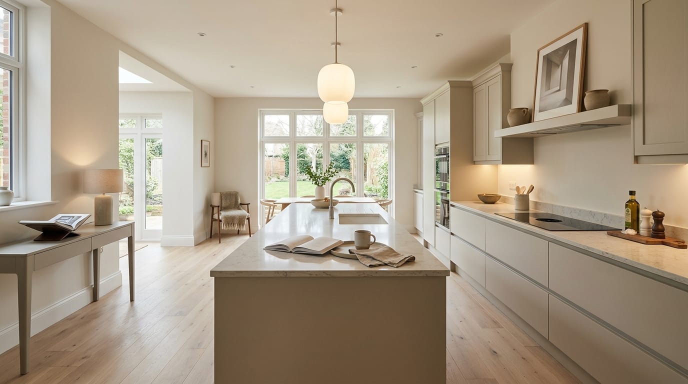 Wide view of a newly completed bespoke Mastercraft kitchen, contemporary in-frame cabinetry in parisian blue tones
