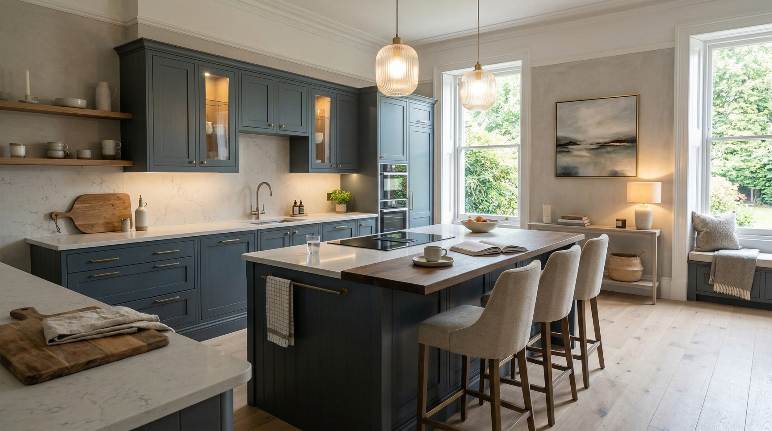blue shaker-style kitchen with marble worktops and pendant glass lights