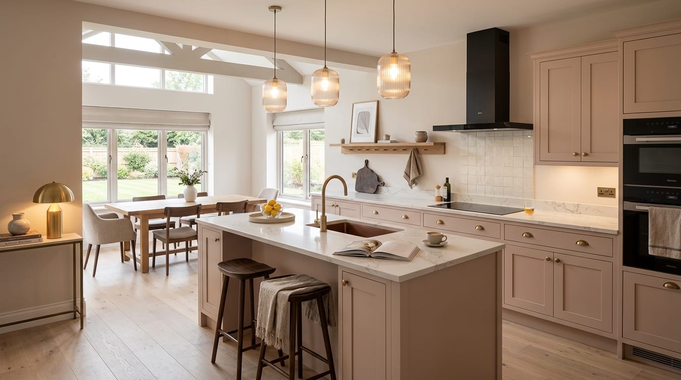 hero_1200x675-402 Wide view of a bespoke Mastercraft kitchen, contemporary painted lay-on cabinetry in reed green tones