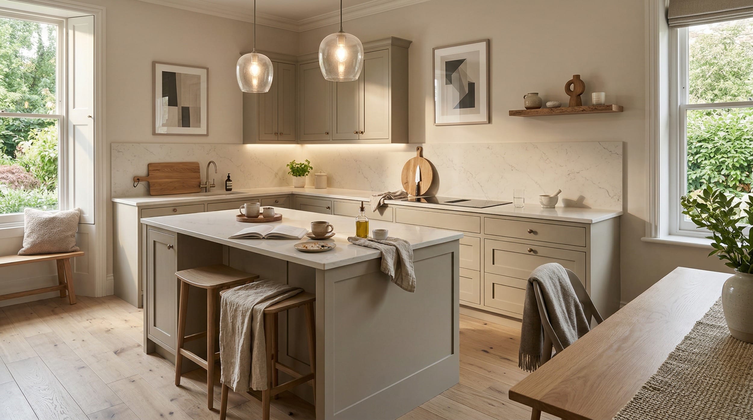 light wood flooring with pale shaker units and marble worktops