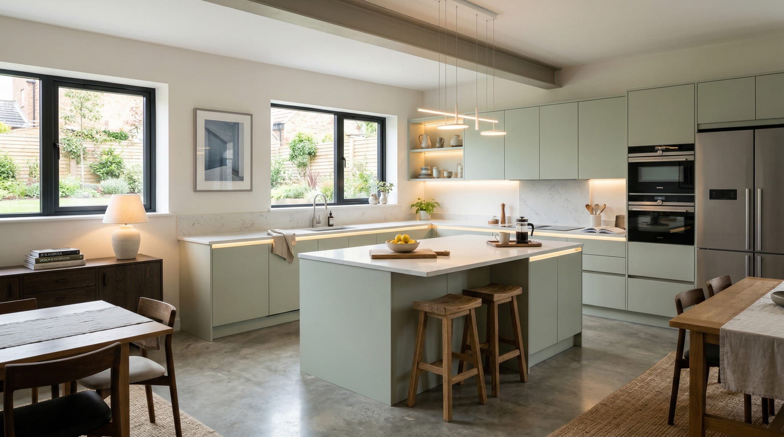 Modern kitchen with pale green units, marble worktops and central island with wooden stools