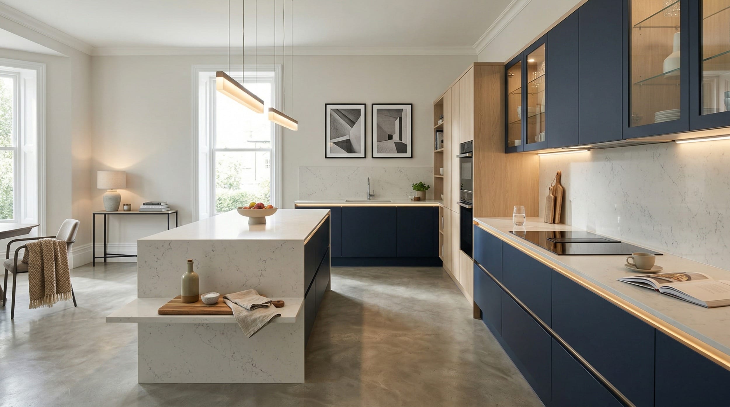 modern kitchen with navy blue units, marble worktops, and geometric wall art
