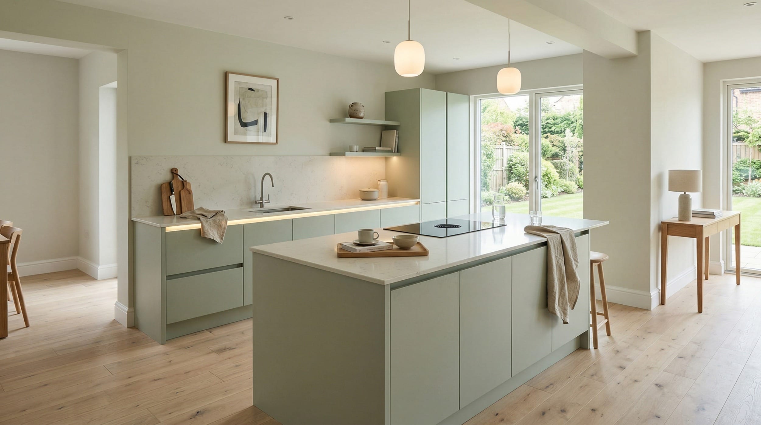 hero_1200x675-407 sage green kitchen with marble worktops and light wood flooring