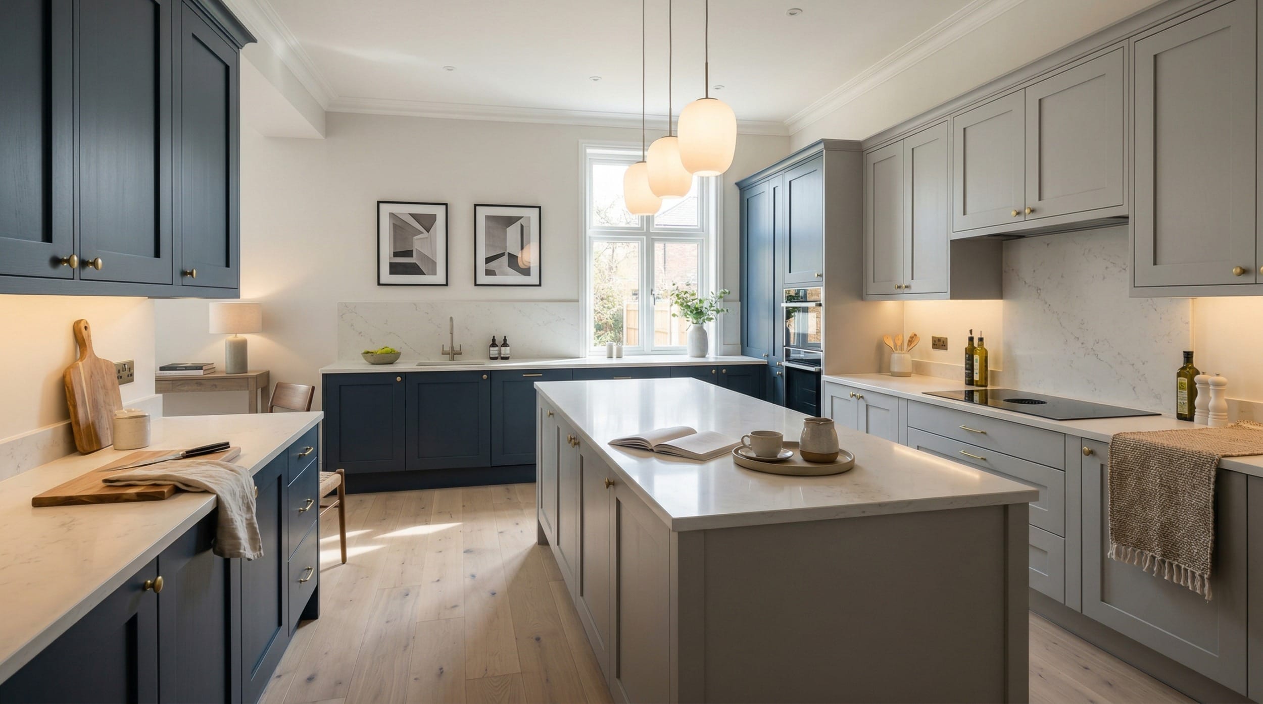 Shaker-style kitchen with navy and grey units, marble worktops, pendant lights, wooden flooring