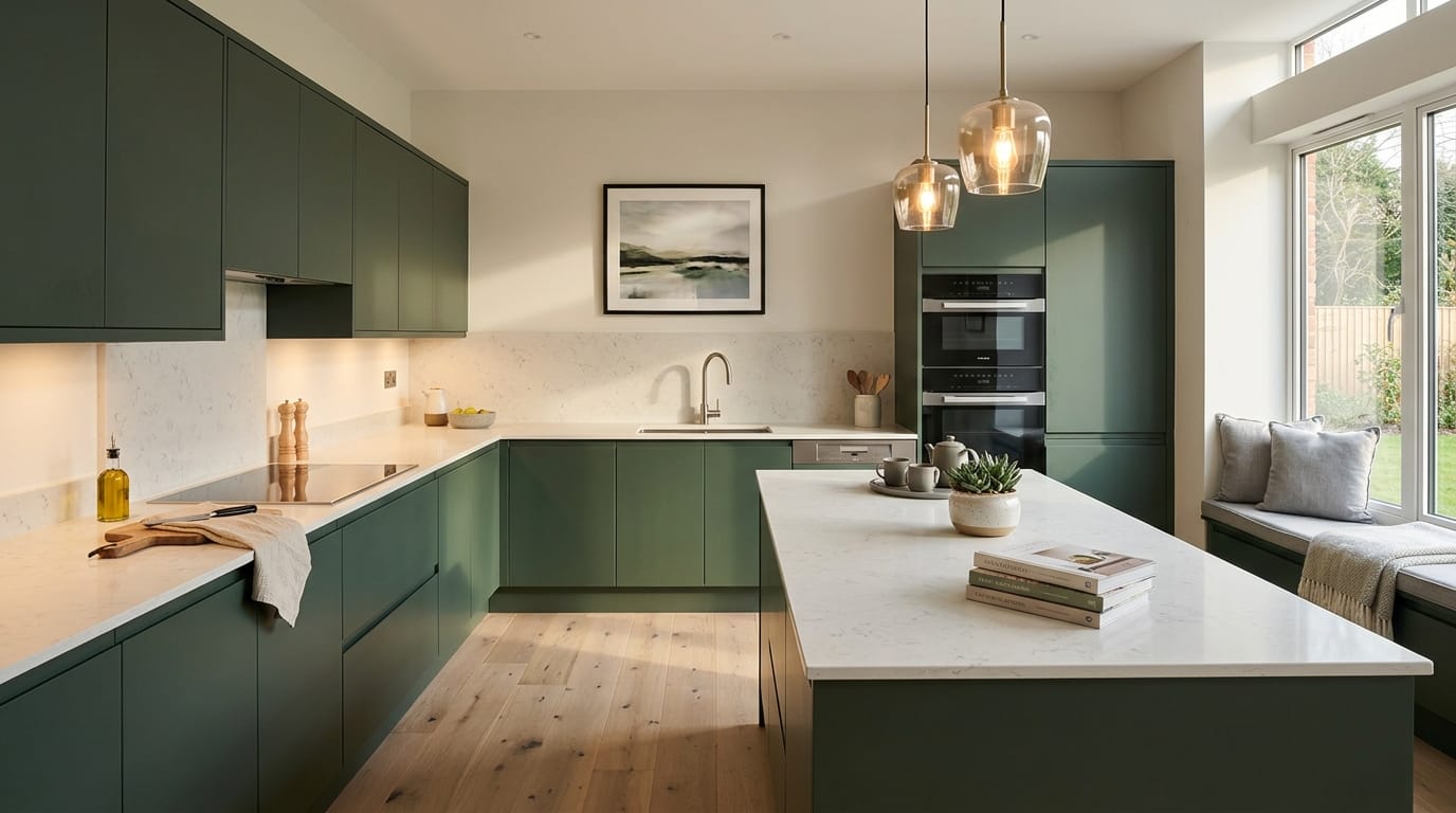 hero_1200x675-41 Wide view of a newly completed bespoke Mastercraft kitchen, matt painted handleless slab cabinetry in mussel tones
