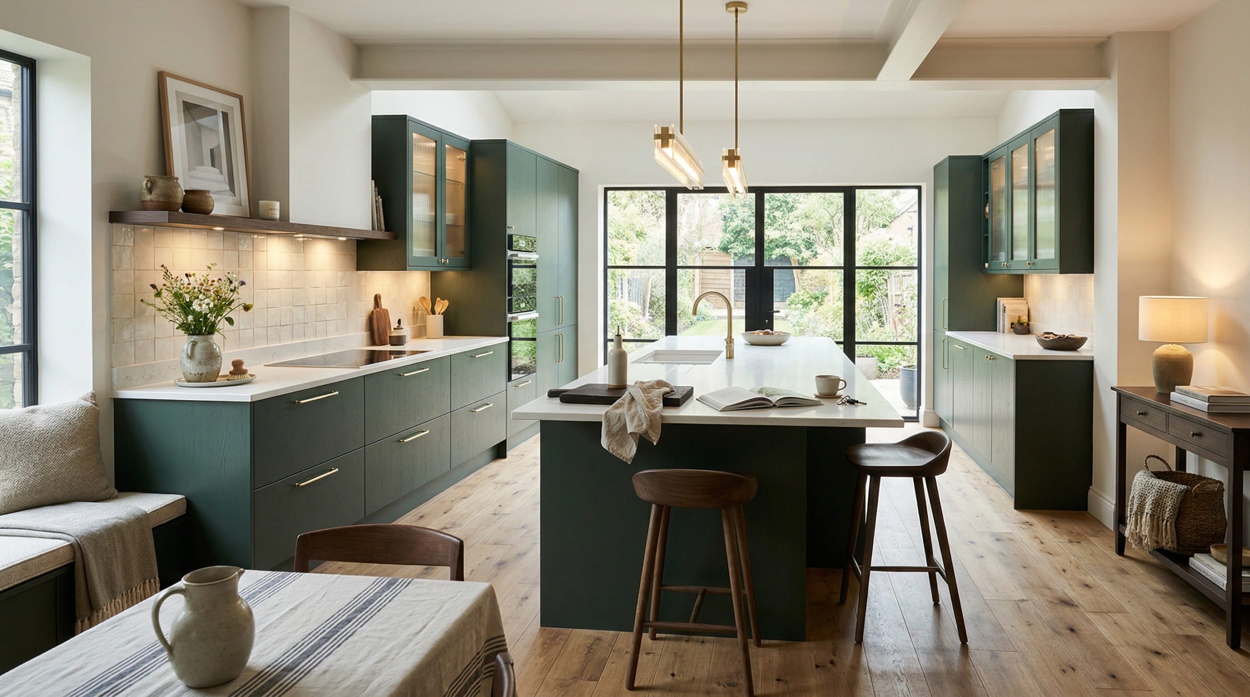 hero_1200x675-410 modern kitchen with deep green units, white worktops and large black-framed windows