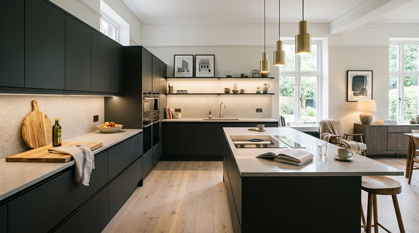 matte black kitchen units with marble worktops and brass pendant lights