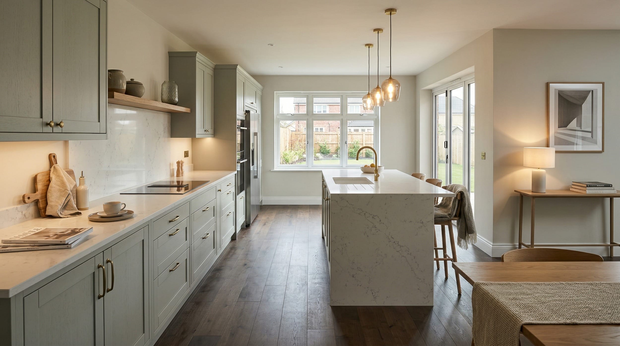 Wide view of a bespoke Mastercraft kitchen, timber veneer slab-door cabinetry in gunmetal grey tones