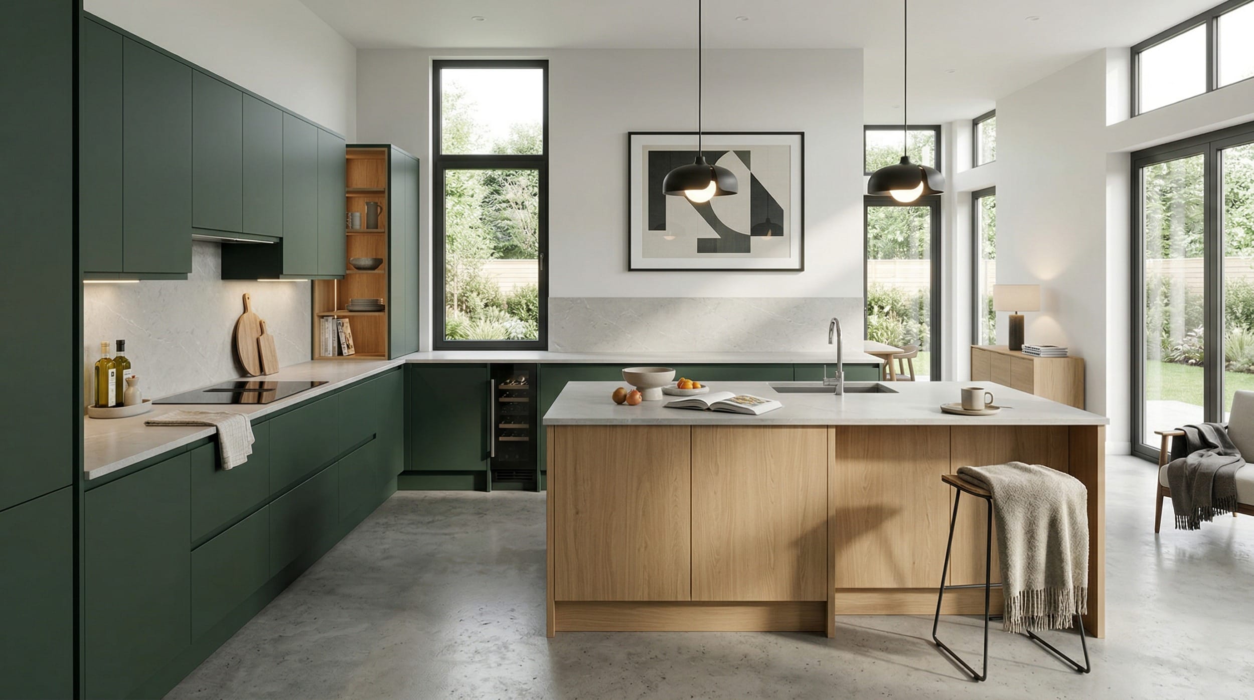 hero_1200x675-414 matte green cupboards with pale wood island and large windows