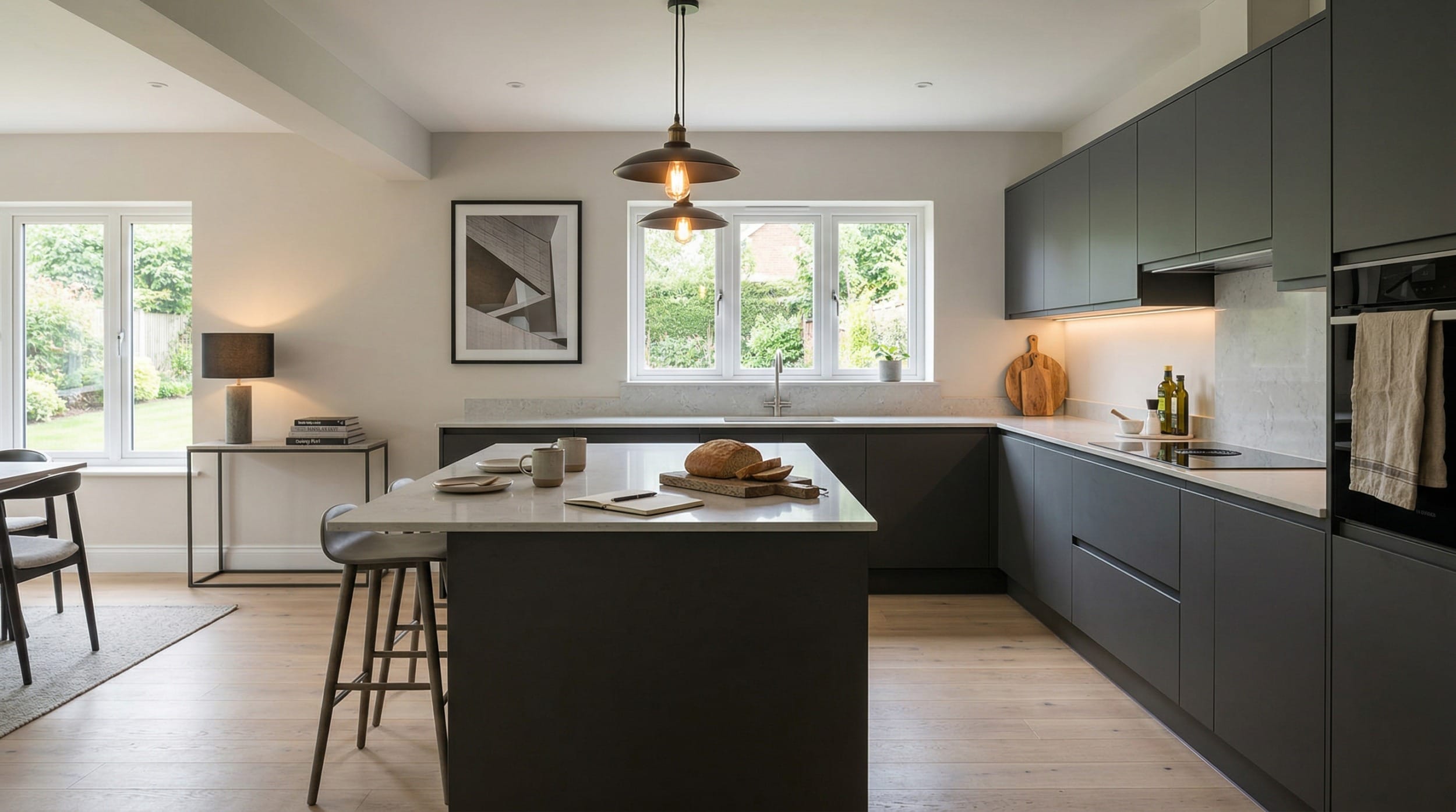 Wide view of a bespoke Mastercraft kitchen, timber veneer slab-door cabinetry in marine tones