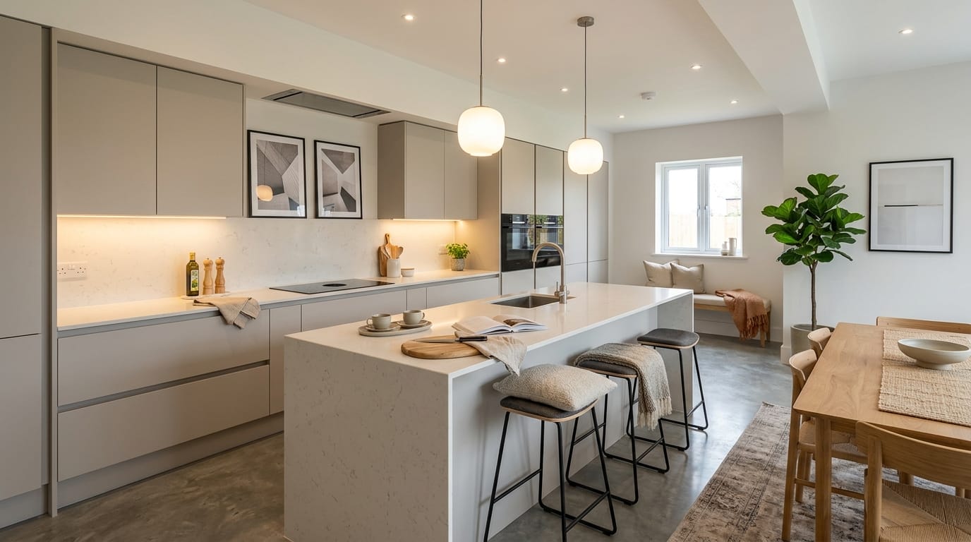 modern kitchen with pale cabinets, white island, pendant lights and bar stools