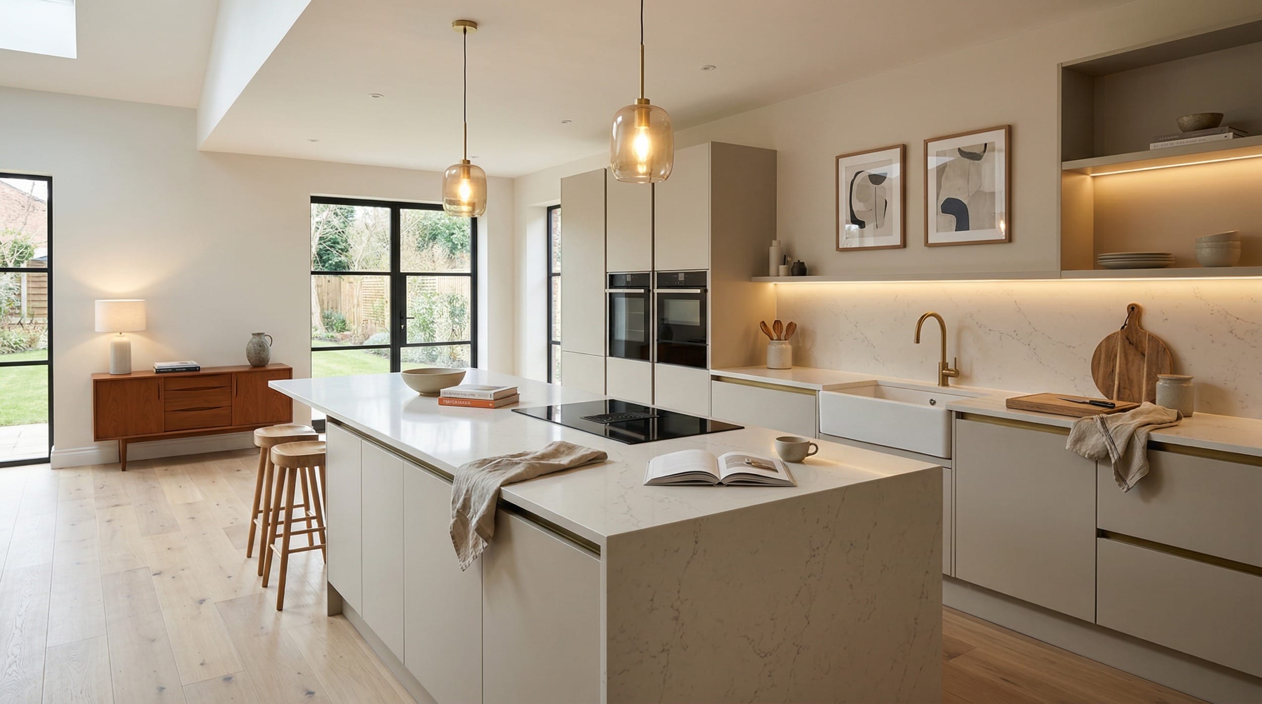 modern kitchen with marble island, pendant lights and light wood flooring