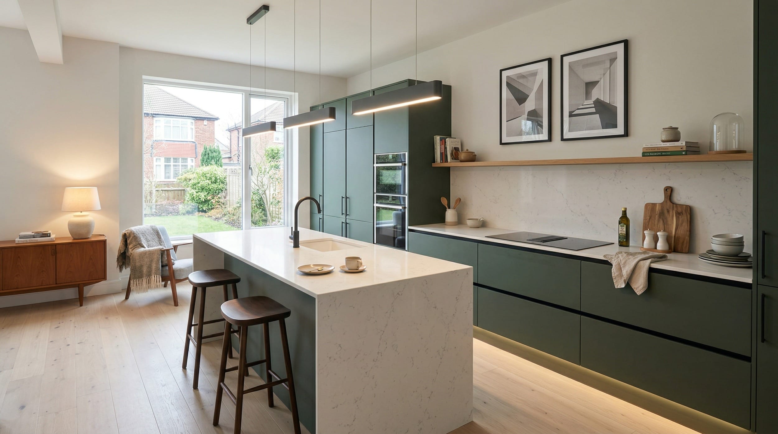 Modern kitchen with green cabinets, white island, wood floor and large window