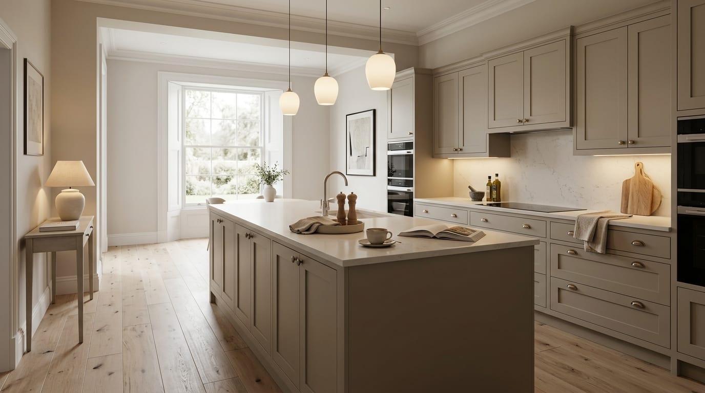 hero_1200x675-42 Wide view of a newly completed bespoke Mastercraft kitchen, timber veneer slab-door cabinetry in airforce tones