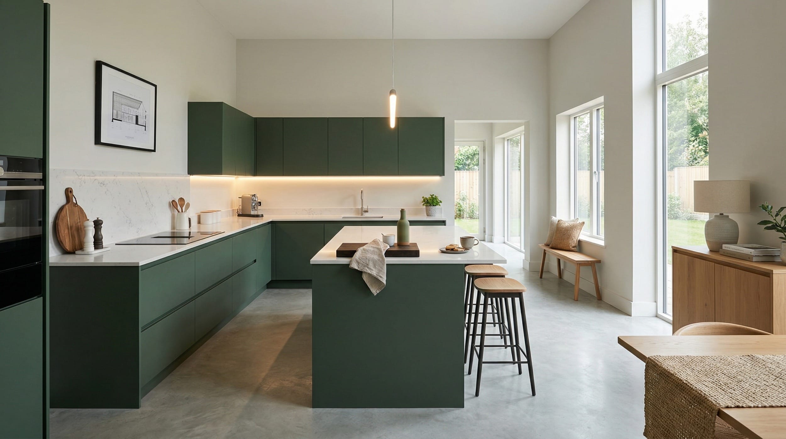 Wide view of a bespoke Mastercraft kitchen, timber veneer slab-door cabinetry in graphite tones