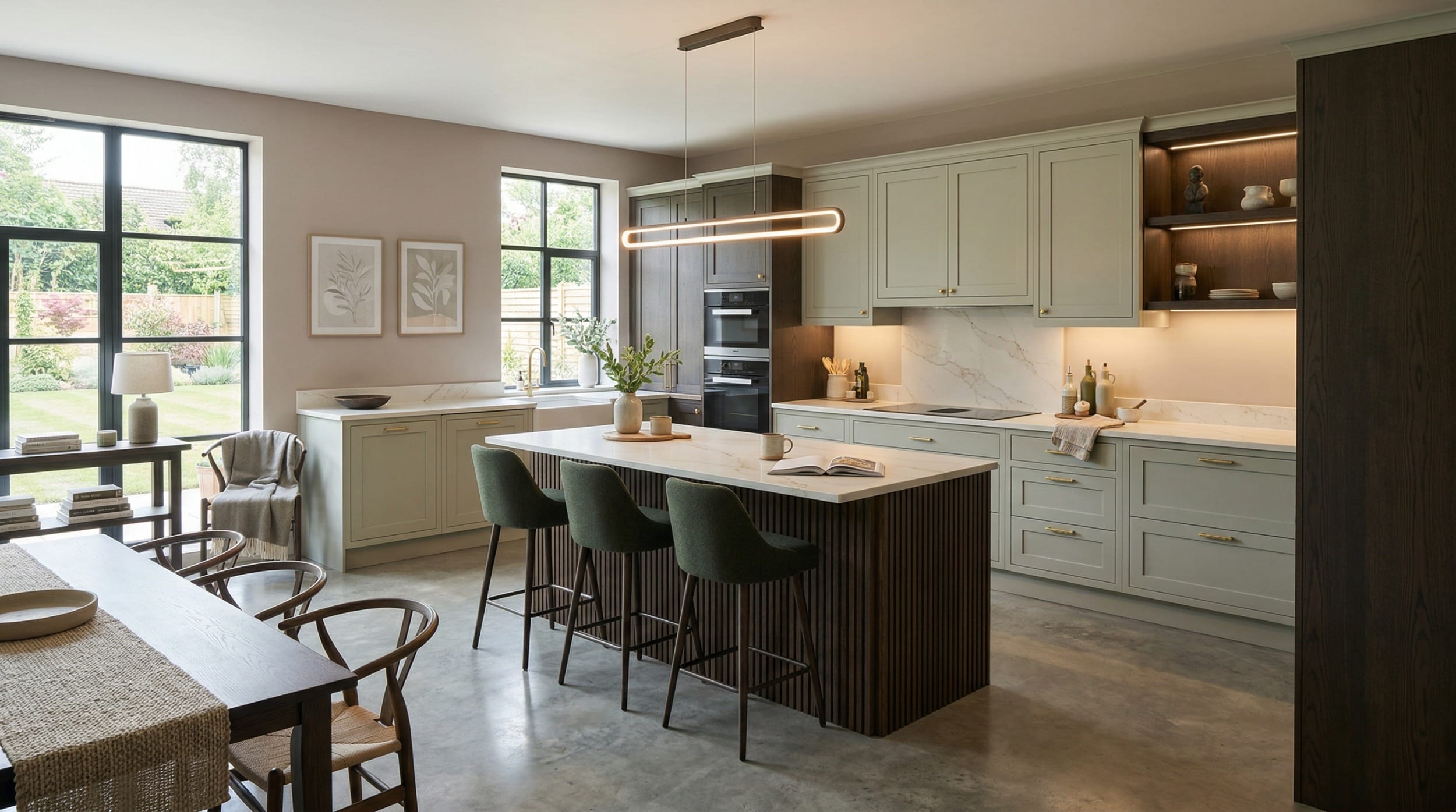 hero_1200x675-421 Wide view of a bespoke Mastercraft kitchen, timber veneer slab-door cabinetry in heritage green tones