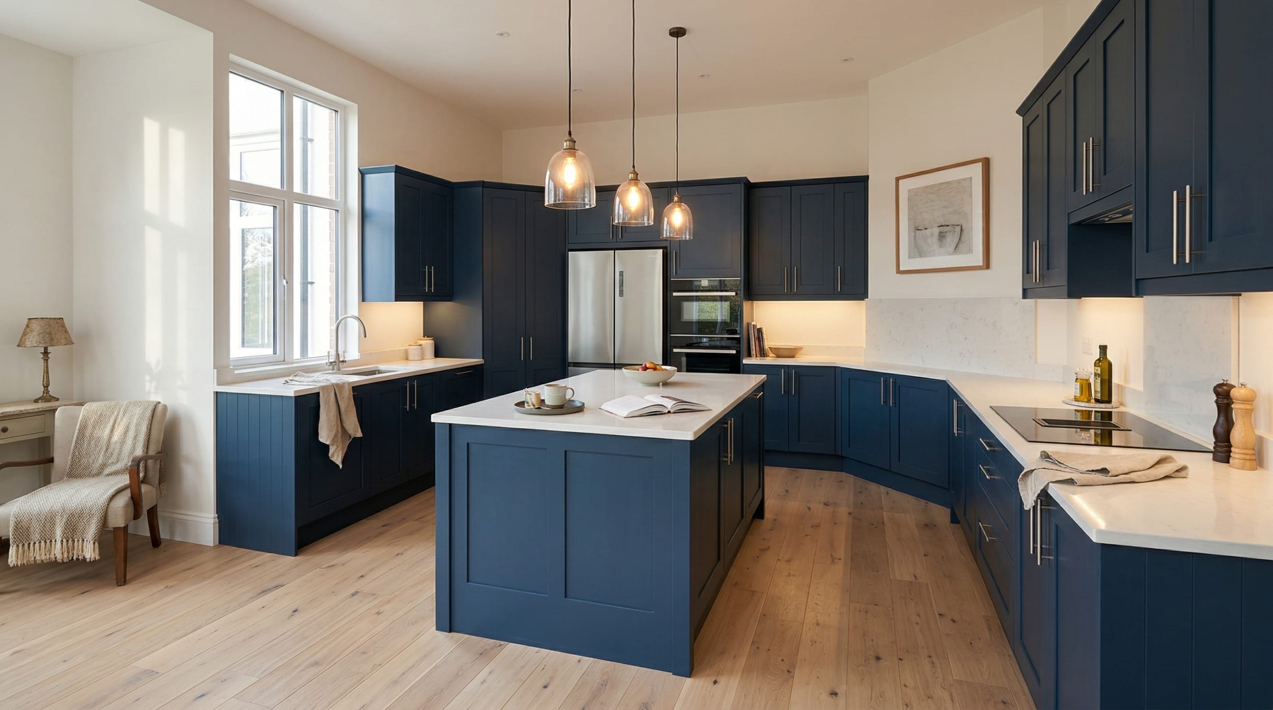 hero_1200x675-422 navy blue kitchen units with white worktops and pendant glass lights