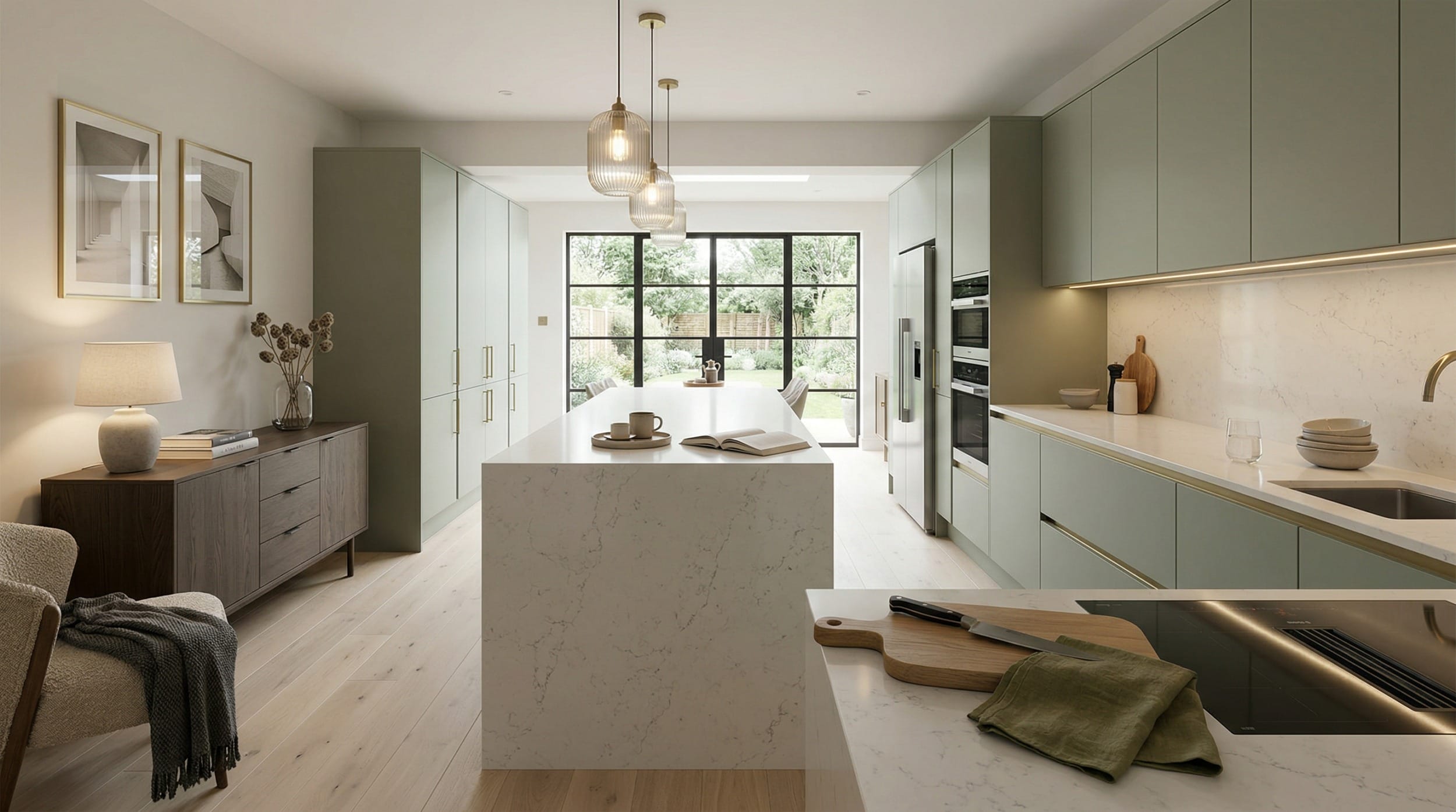 hero_1200x675-424 sage green kitchen units, marble island, pendant lights, large black-framed windows