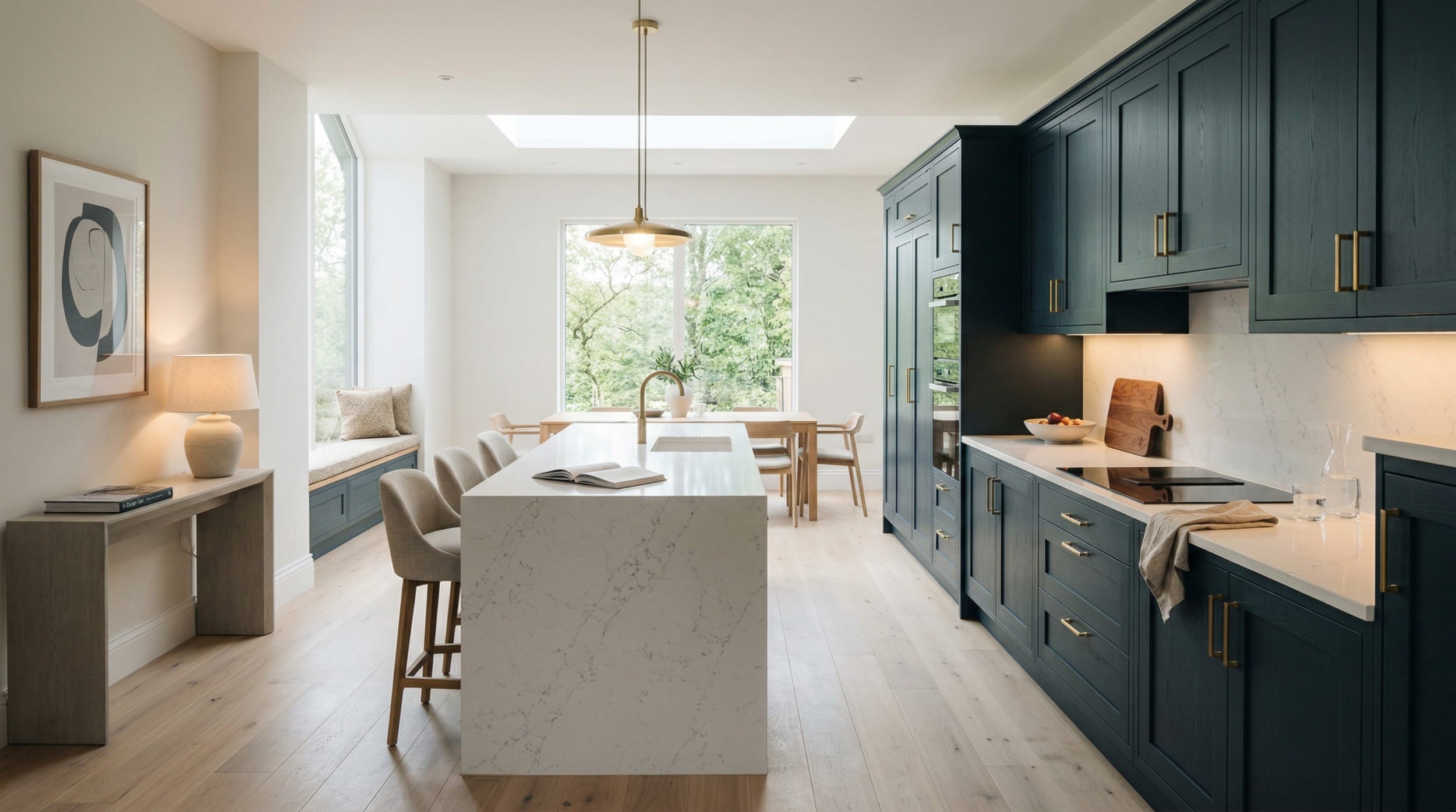 hero_1200x675-425 navy blue cupboards, marble island, pale wood floor, large window with garden view