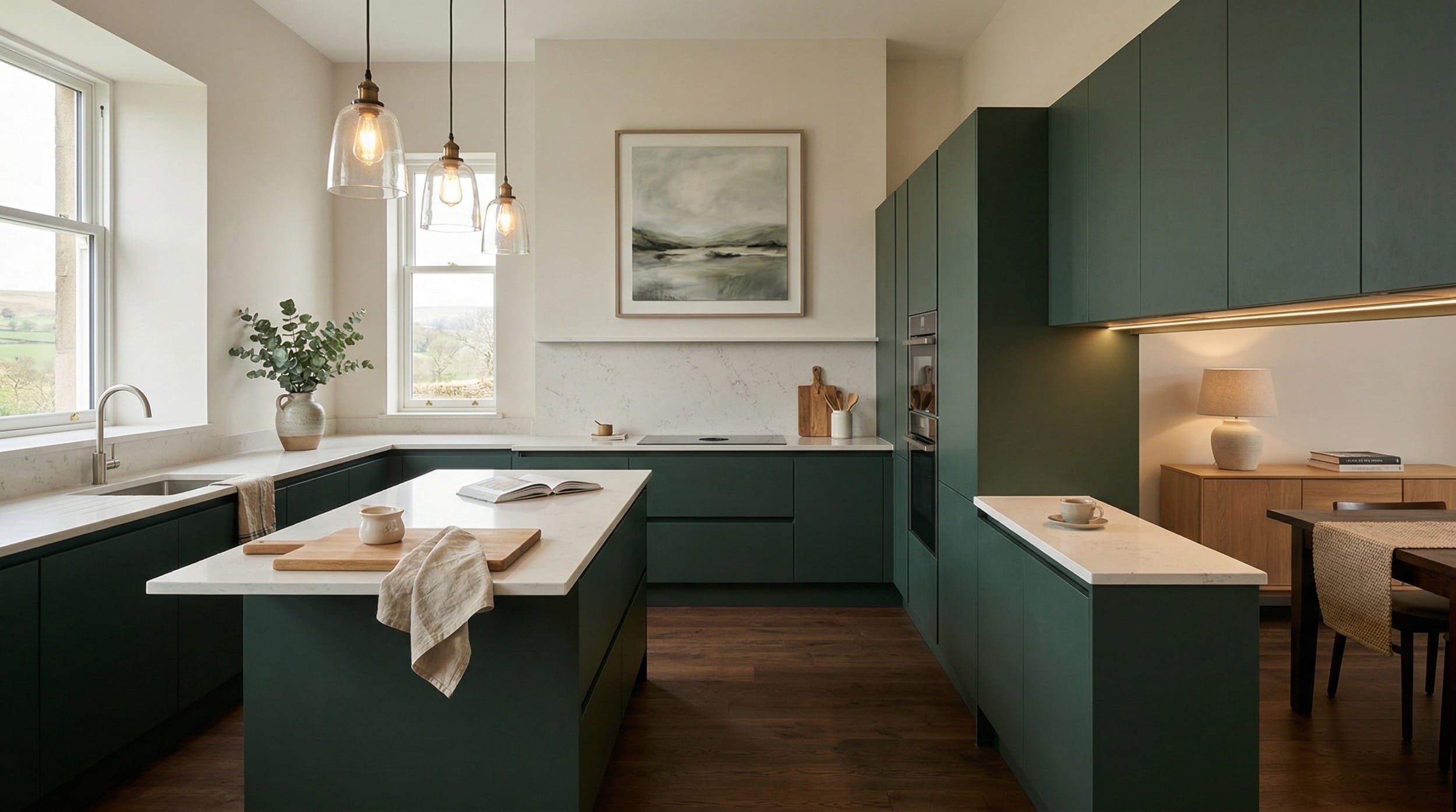 hero_1200x675-426 Modern Mastercraft kitchen with deep green cabinets and white worktops