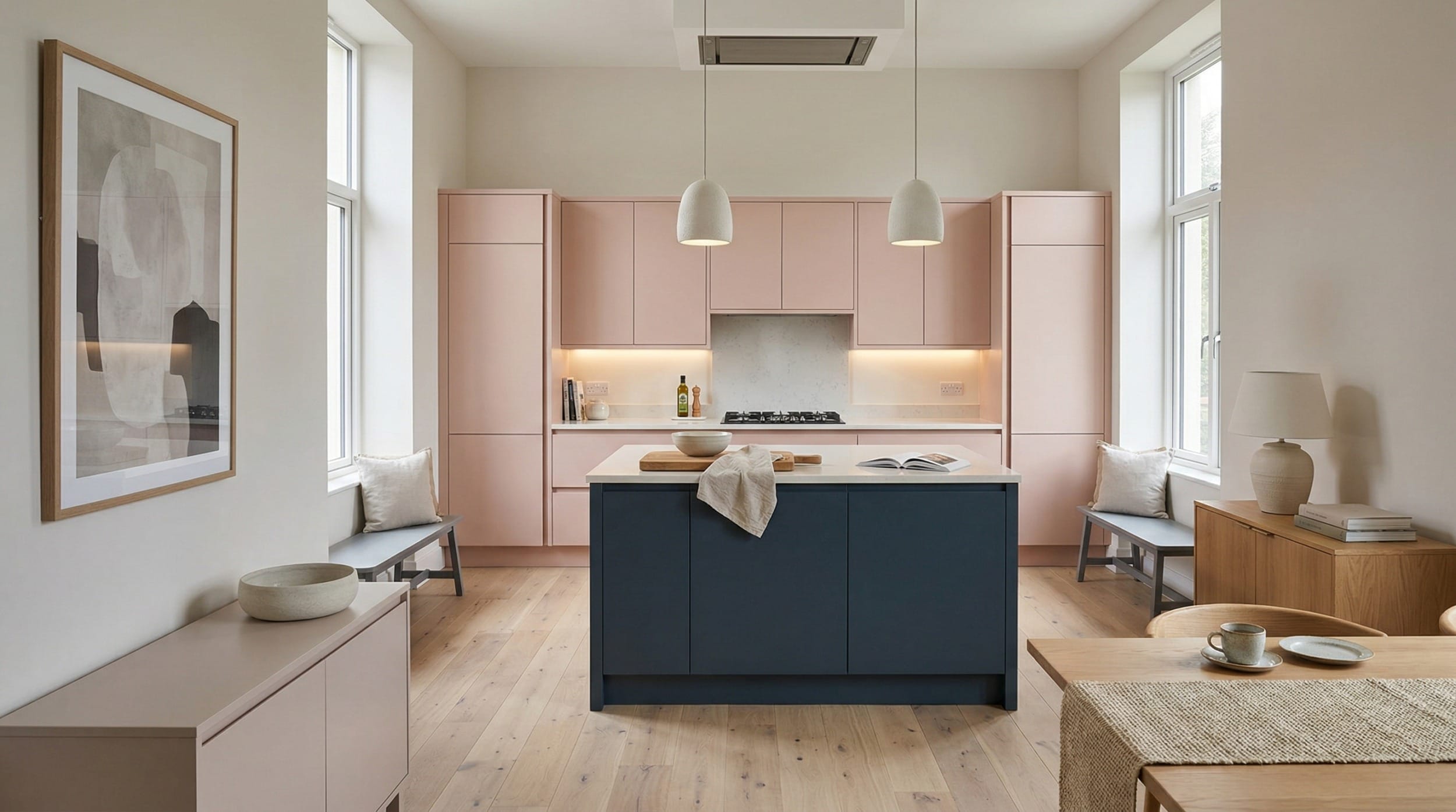 Wide view of a bespoke Mastercraft kitchen, matt painted handleless slab cabinetry in gunmetal grey tones