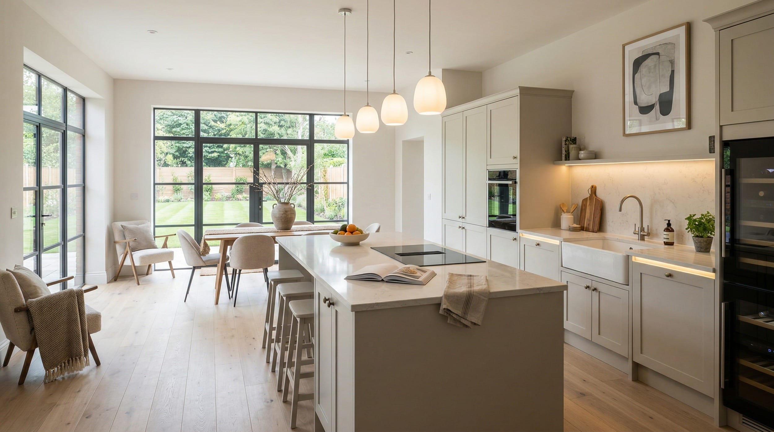 hero_1200x675-428 light wood flooring, large black-framed windows, cream units, pendant lights, central island