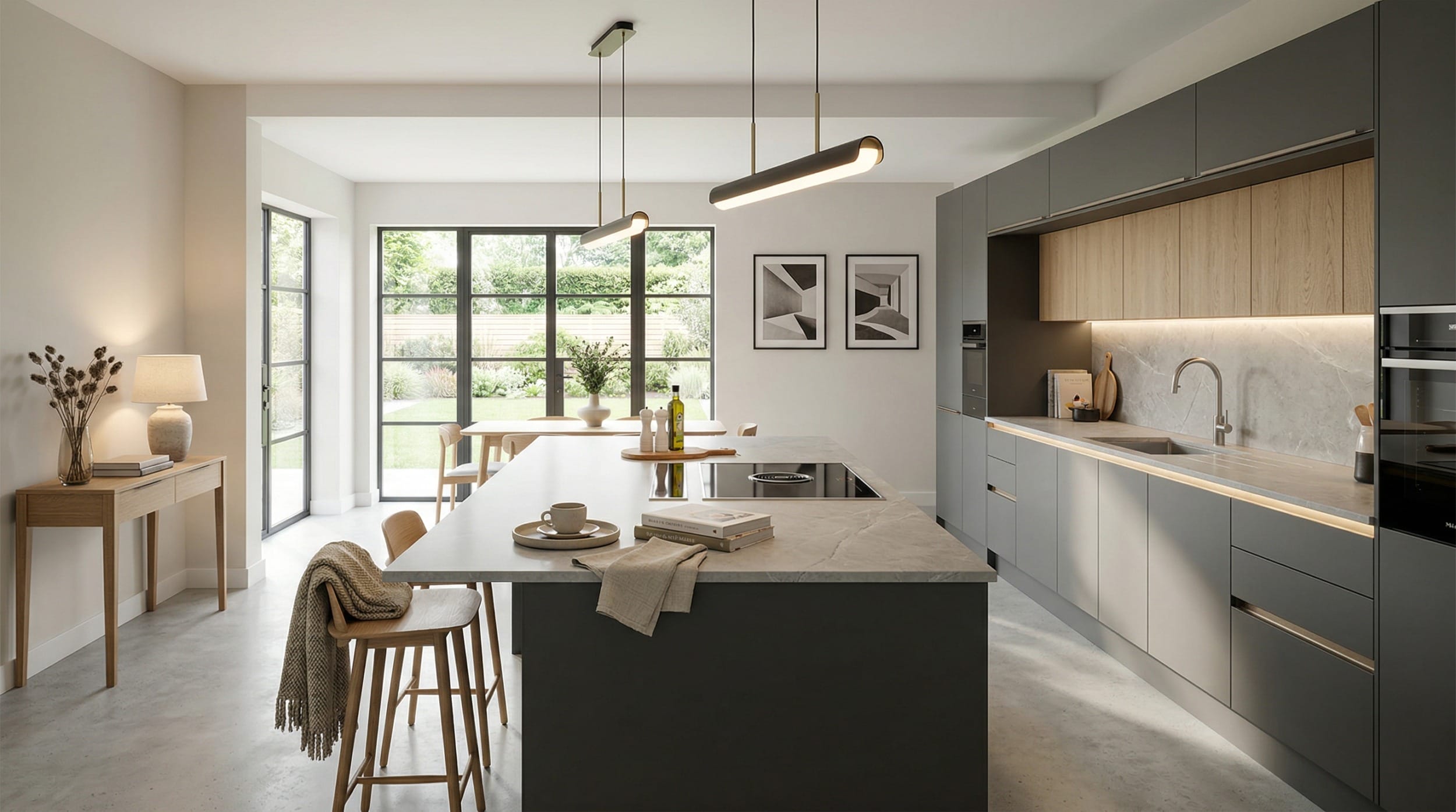 Modern kitchen with grey units, marble worktops and large black-framed windows