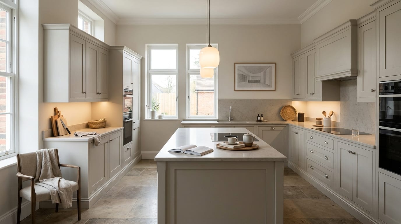 hero_1200x675-43 Wide view of a newly completed bespoke Mastercraft kitchen, modern shaker cabinetry in parisian blue tones
