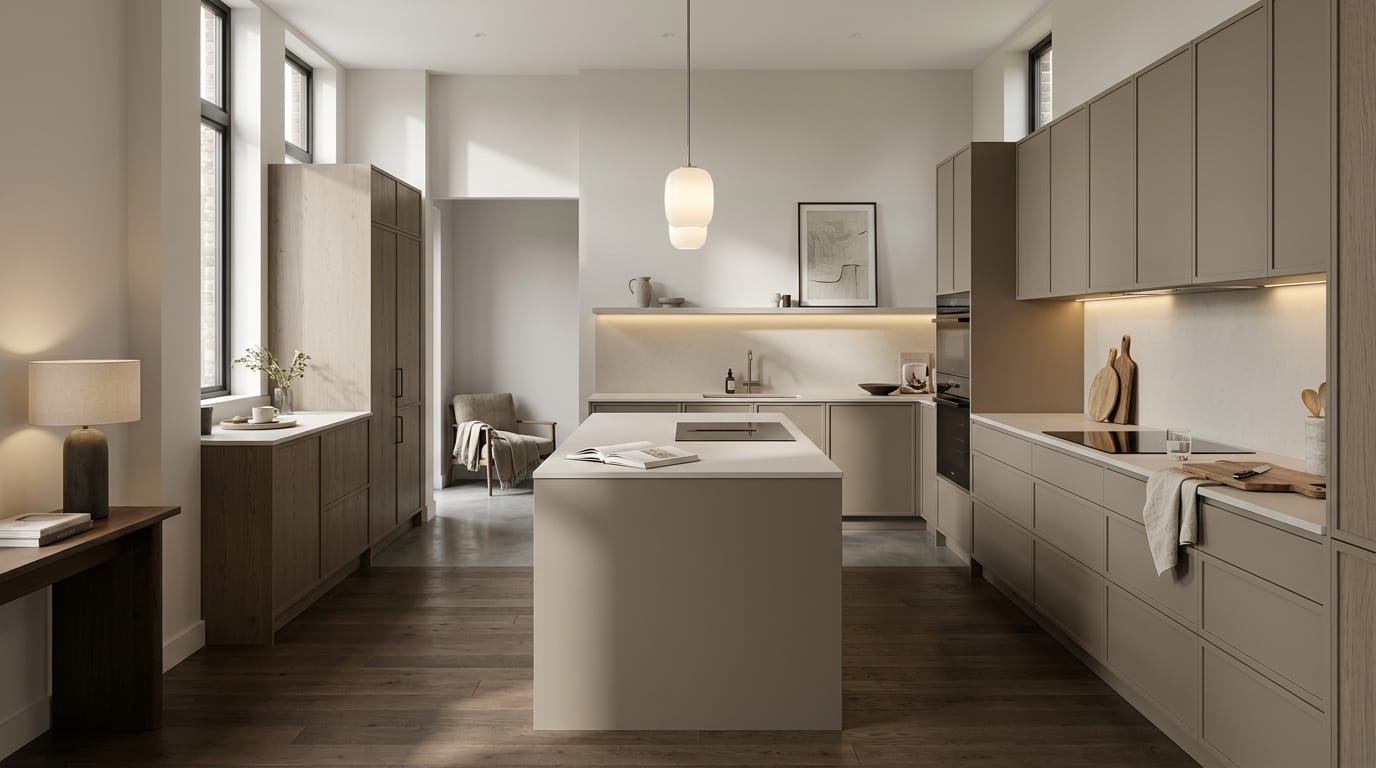 Modern kitchen with matte taupe units, white island, and wood flooring