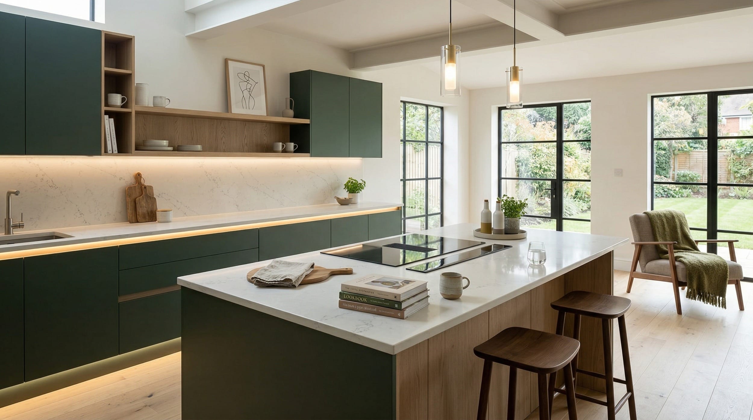 Modern kitchen with dark green cabinets, marble surfaces and large black-framed windows