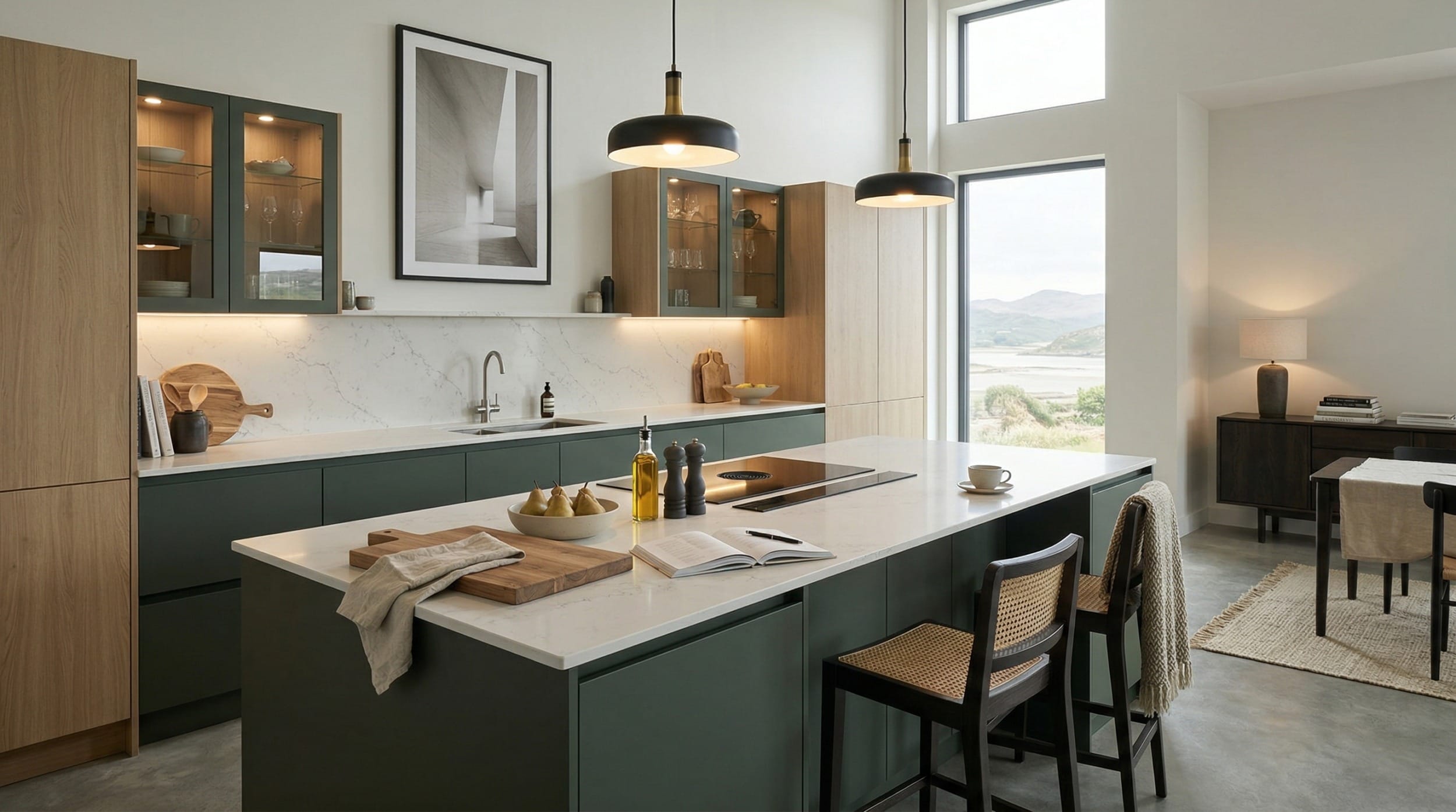 modern kitchen with green cabinets, marble worktops, and large windows