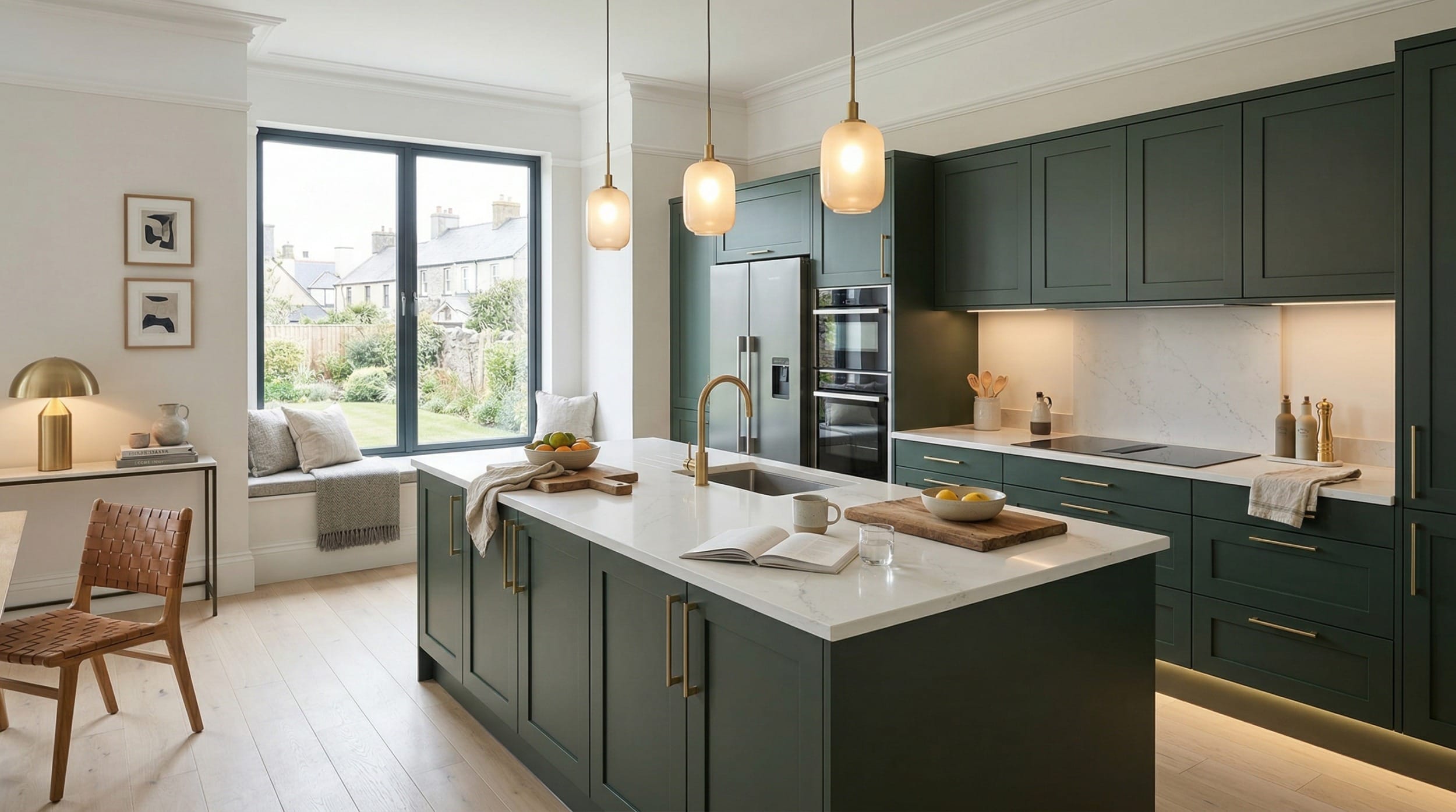 Wide view of a bespoke Mastercraft kitchen, contemporary painted lay-on cabinetry in mussel tones