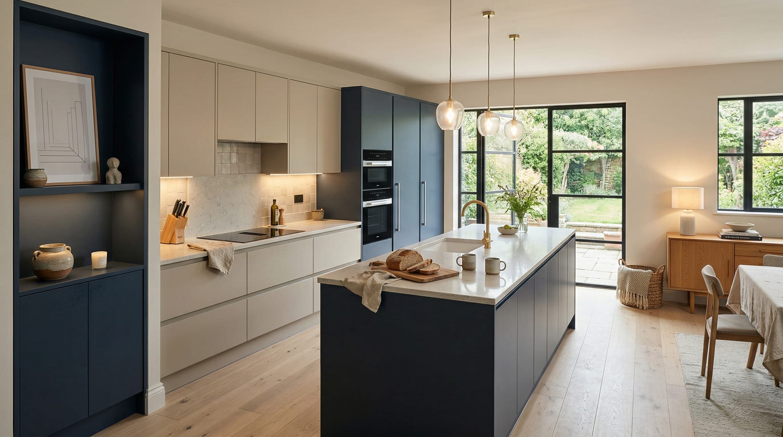Modern kitchen with navy and cream units, marble island, and pendant lighting