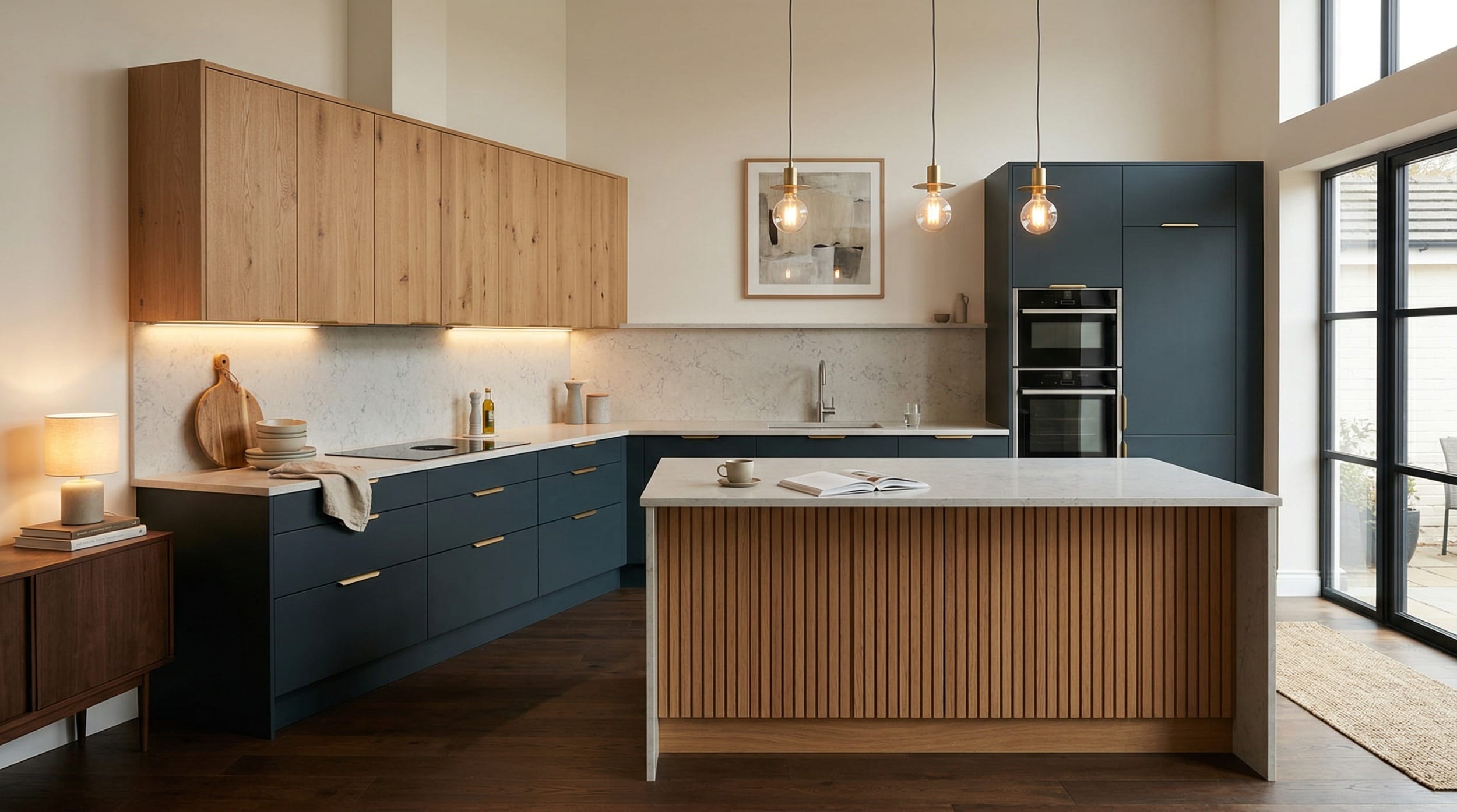 hero_1200x675-439 Wide view of a bespoke Mastercraft kitchen, matt painted handleless slab cabinetry in shell tones