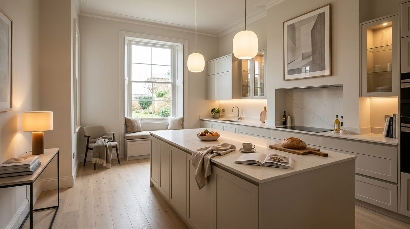 Wide view of a newly completed bespoke Mastercraft kitchen, modern shaker cabinetry in cannon black tones