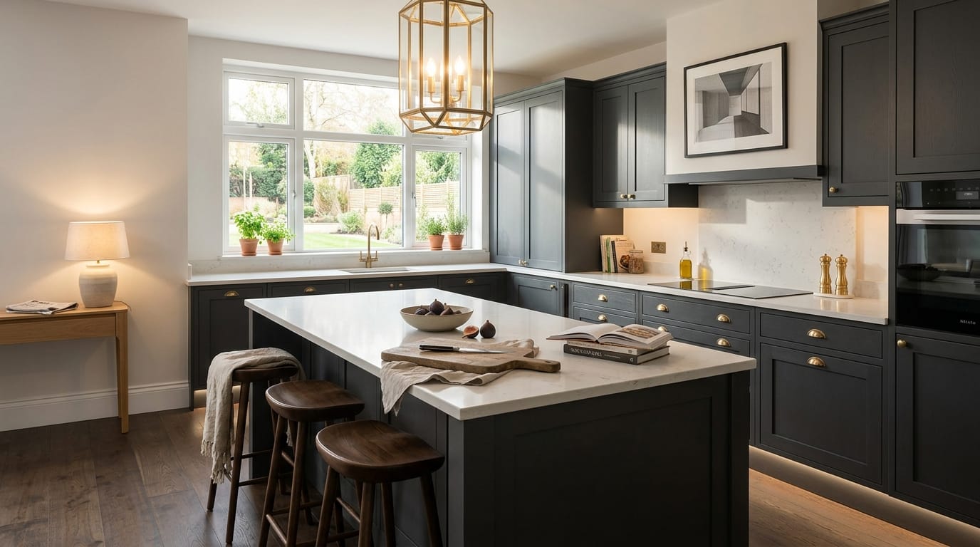 hero_1200x675-440 dark grey kitchen units with white worktops and gold pendant light