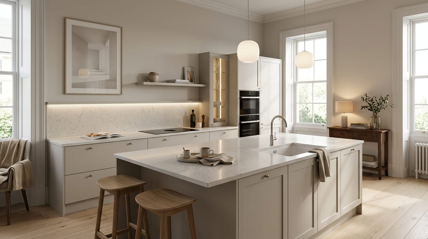 light cream kitchen with marble worktops and two wooden stools at island