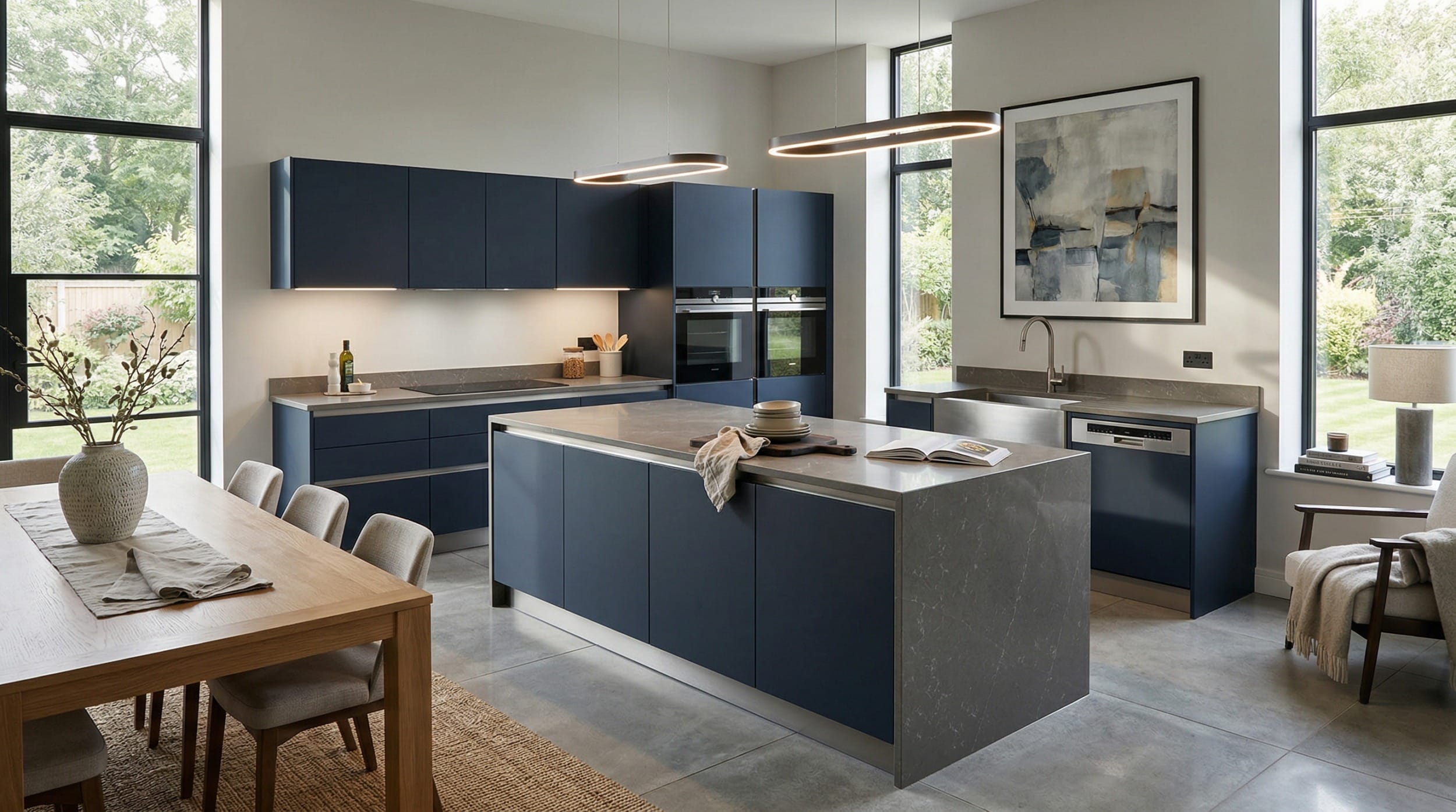 Modern Mastercraft kitchen with matte navy units and grey stone island