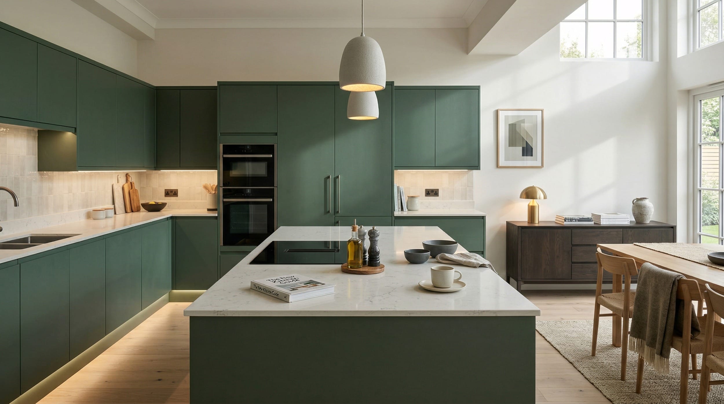 hero_1200x675-443 Green matte kitchen units with white worktops and pendant lighting