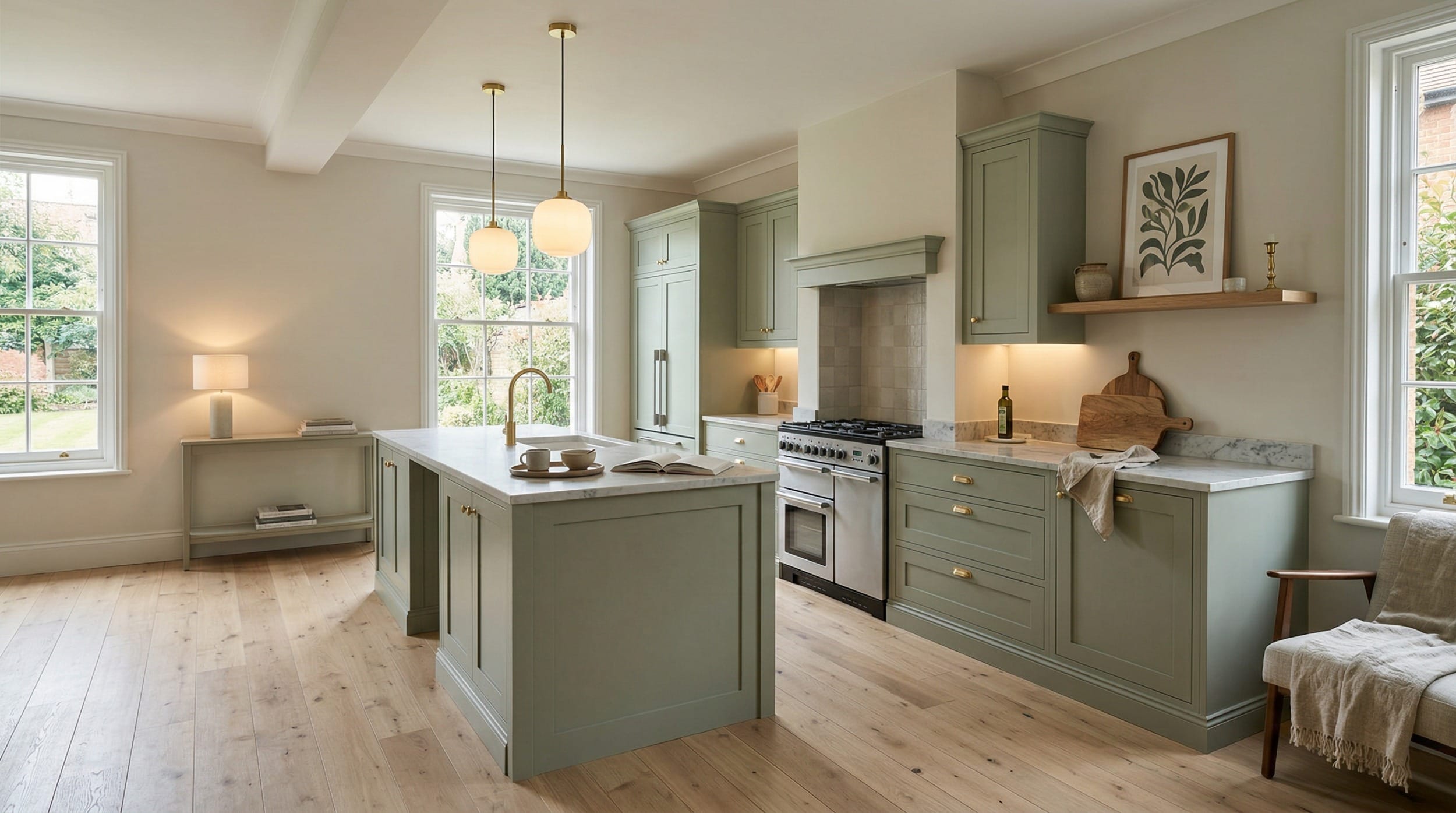 hero_1200x675-444 sage green Mastercraft kitchen with marble worktops and light wood flooring