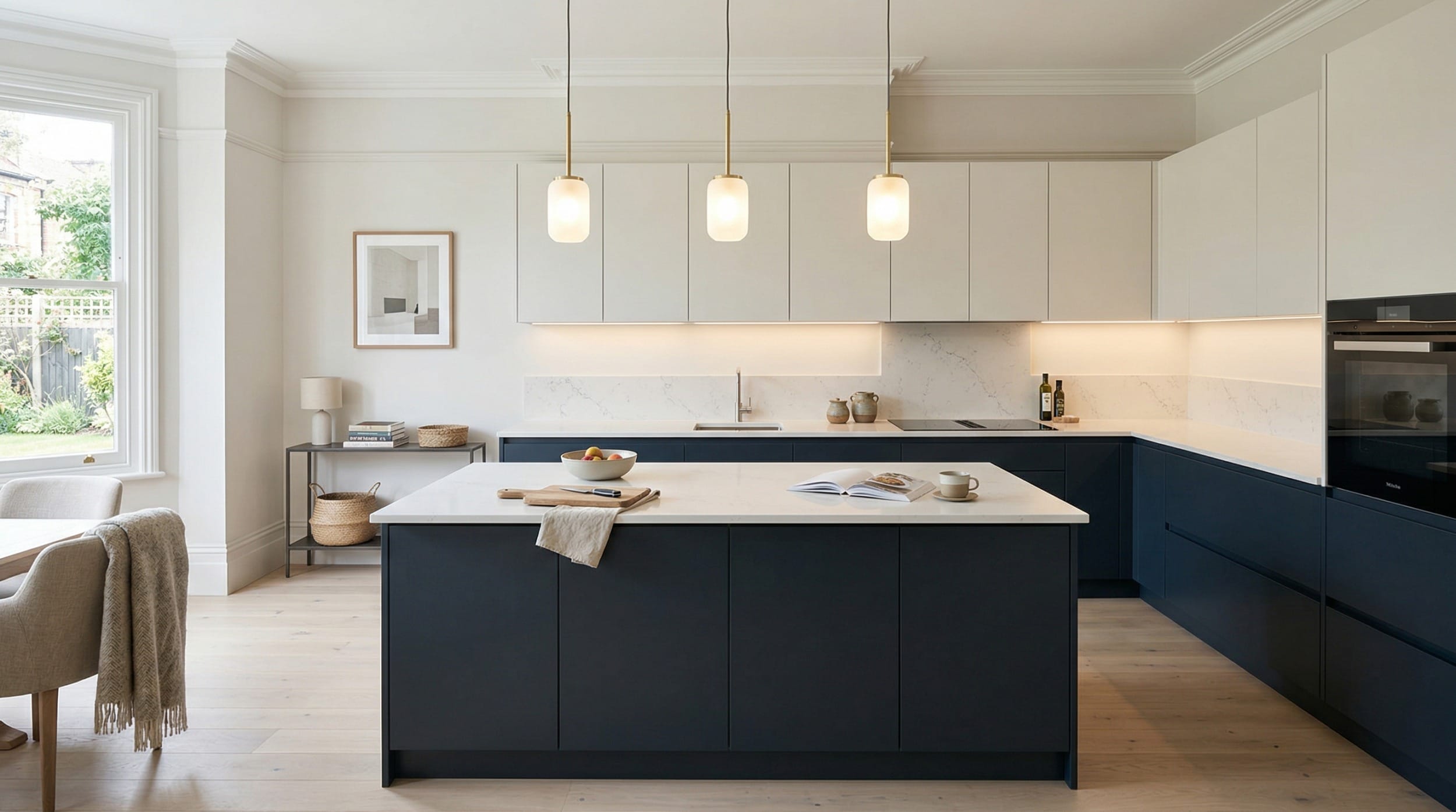 Wide view of a bespoke Mastercraft kitchen, modern shaker cabinetry in mussel tones