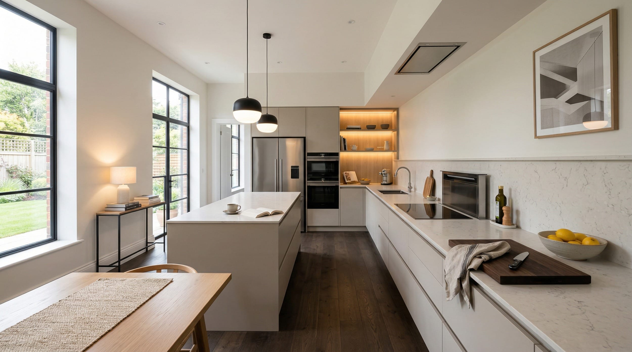 Wide view of a bespoke Mastercraft kitchen, contemporary painted lay-on cabinetry in marine tones