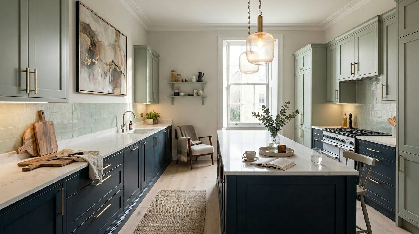 hero_1200x675-449 Wide view of a newly completed bespoke Mastercraft kitchen in a Cambridge home, modern shaker cabinetry in cashmere tones