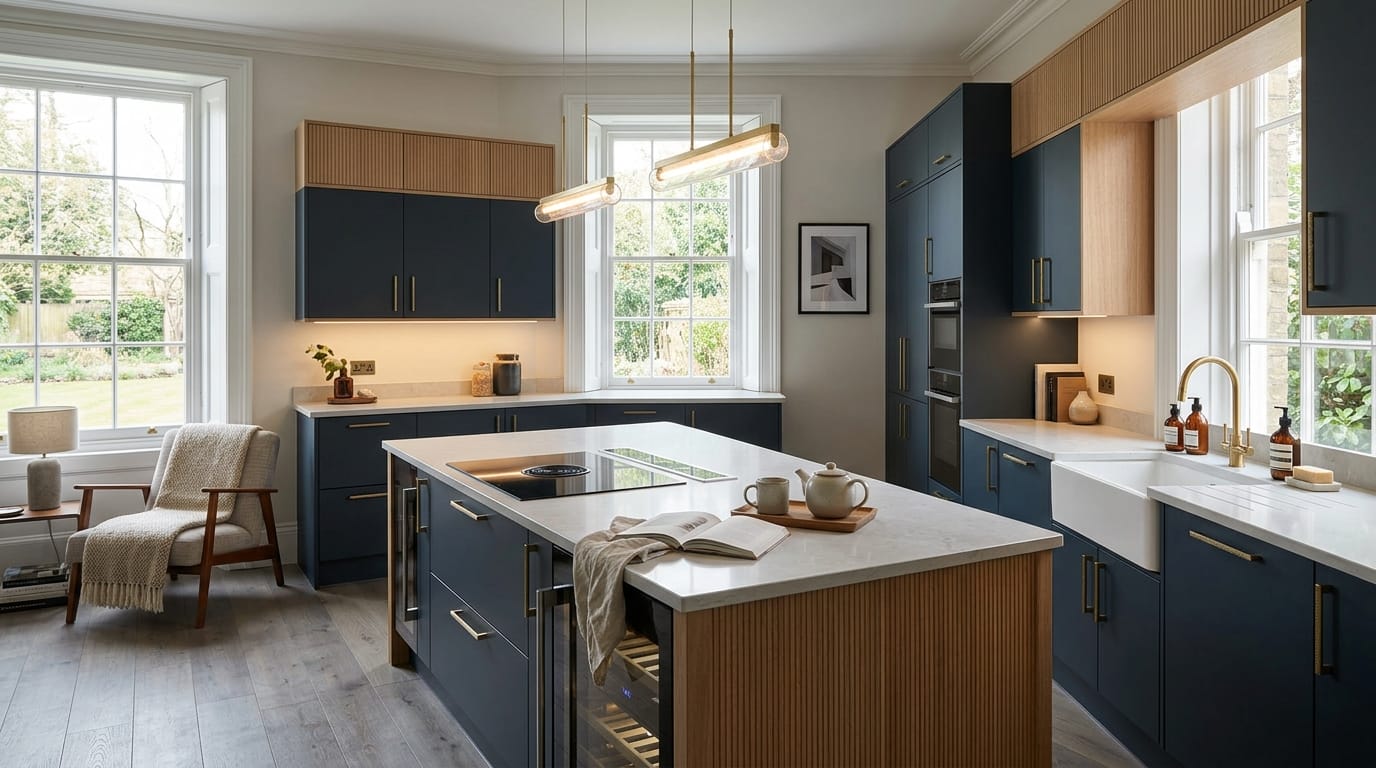 Wide view of a newly completed bespoke Mastercraft kitchen, matt painted handleless slab cabinetry in dust grey tones