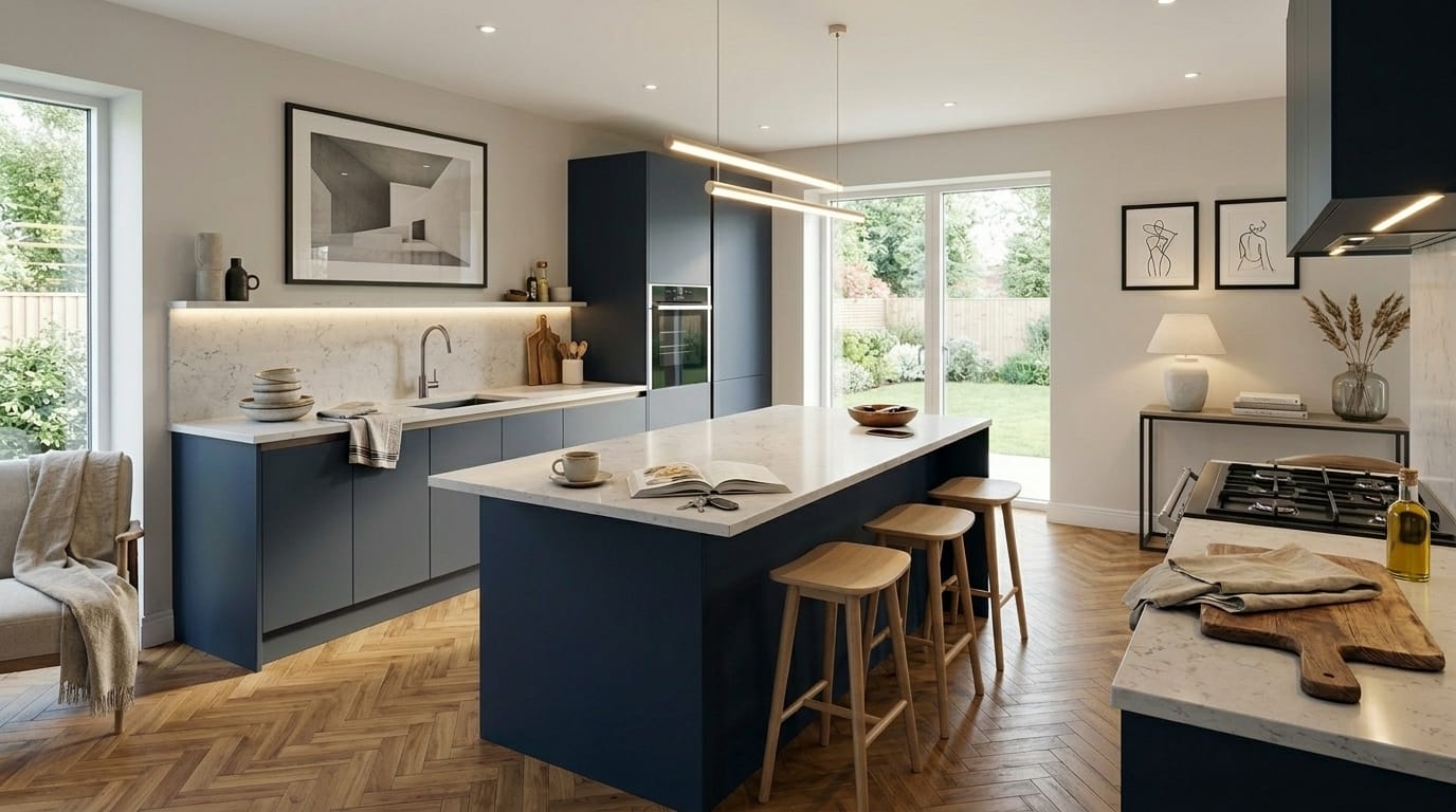 navy blue kitchen units with white marble worktops and herringbone wood flooring