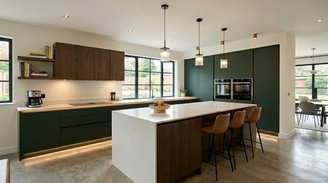 Wide view of a newly completed bespoke Mastercraft kitchen in a Dawley home, modern shaker cabinetry in slate blue tones