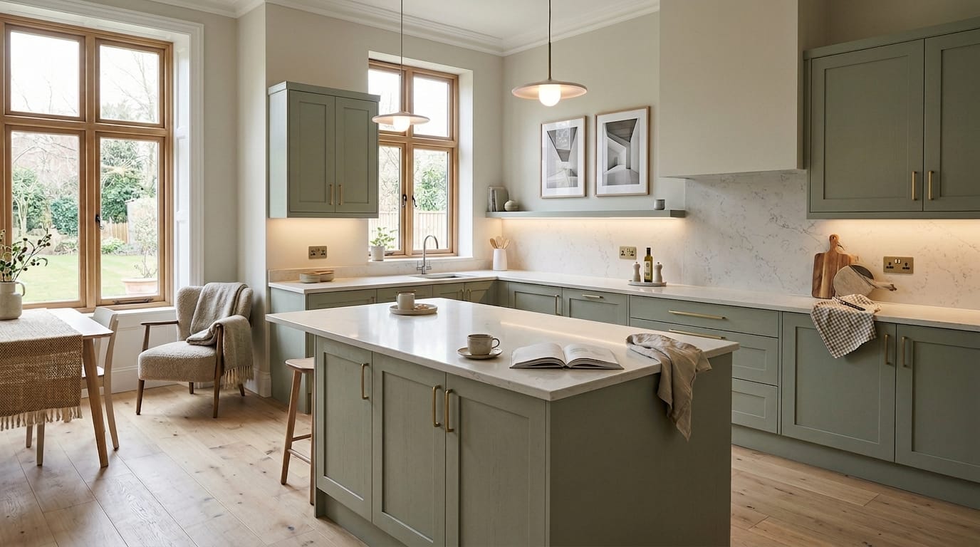 hero_1200x675-452 Wide view of a newly completed bespoke Mastercraft kitchen in a Empingham home, contemporary painted lay-on cabinetry in parisian blue tones