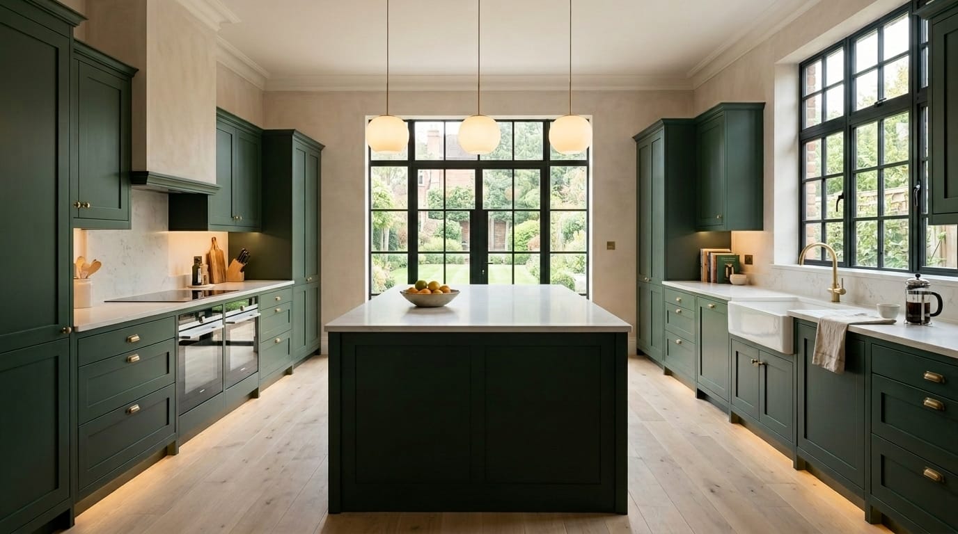 Deep green shaker kitchen with large island and globe pendant lights