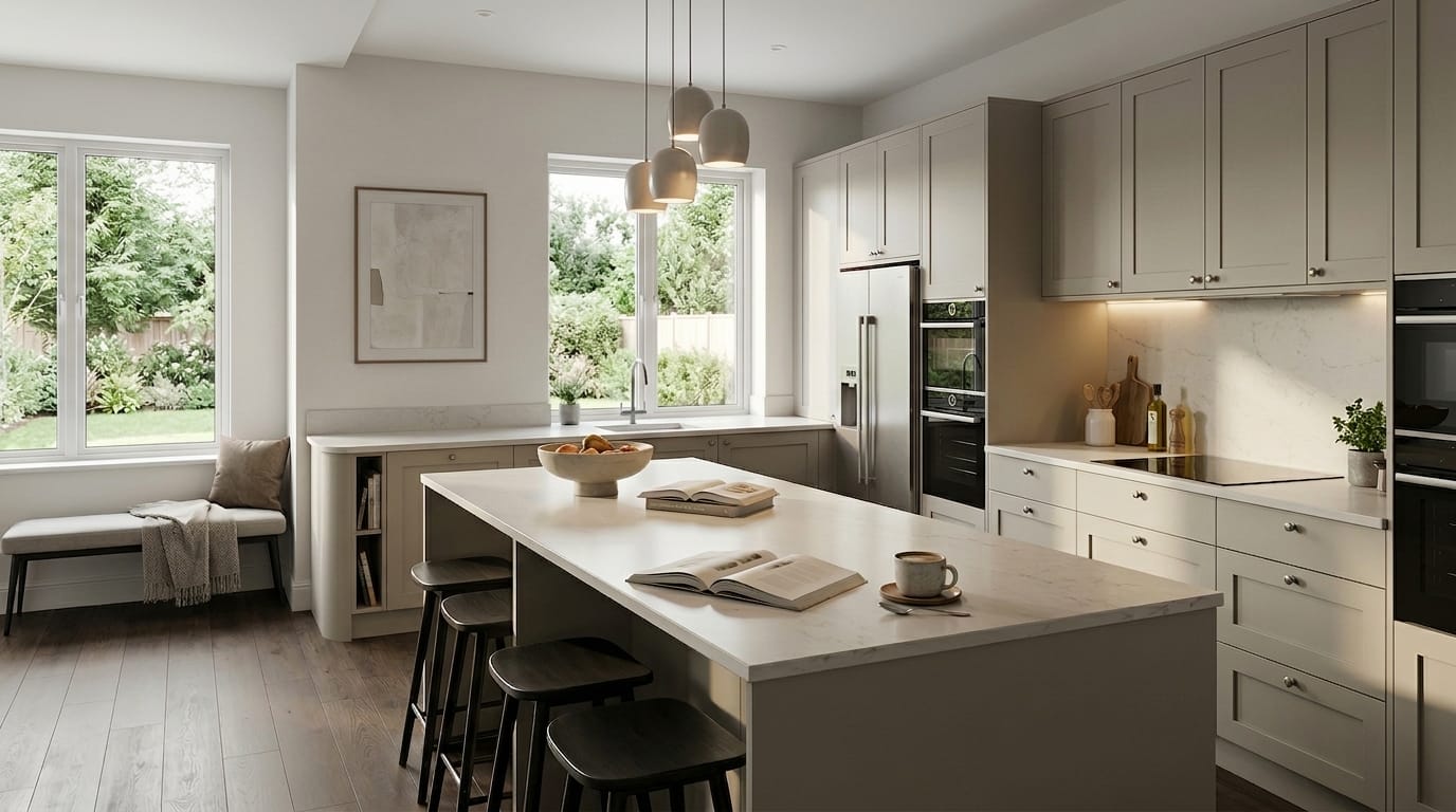 Modern Mastercraft kitchen with light grey units, marble worktops and pendant lights
